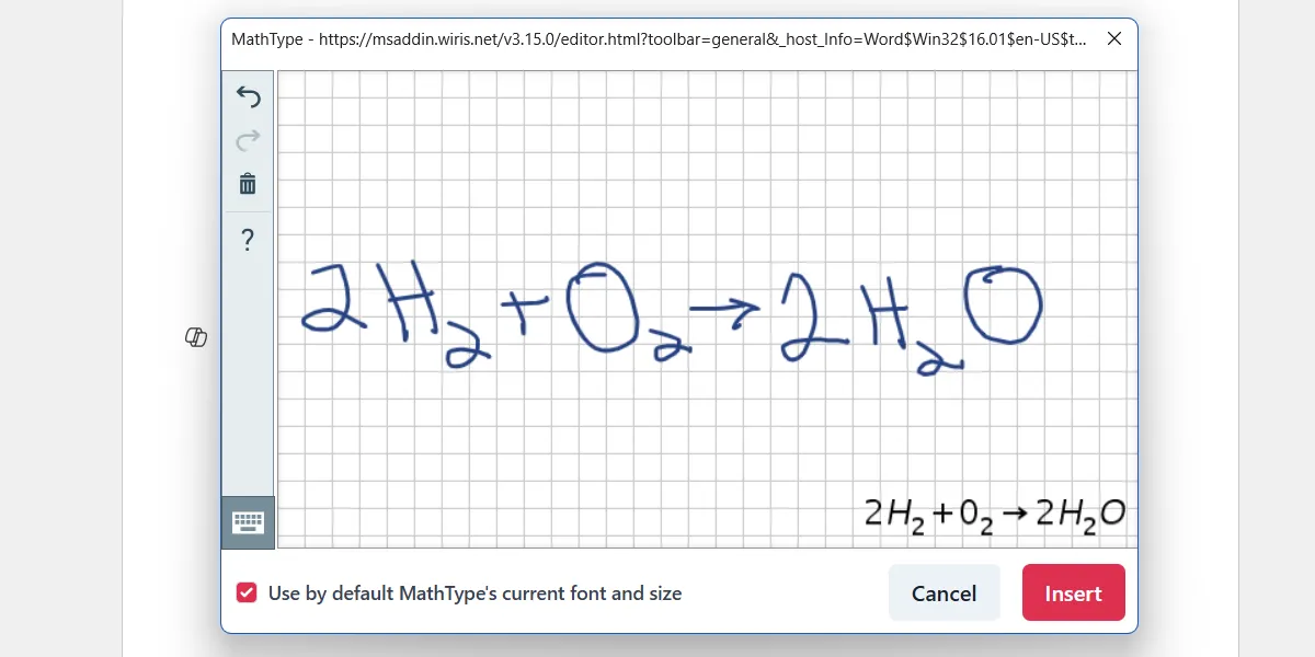 Add-in MathType trong Microsoft Word với bảng điều khiển nhập công thức toán học và hóa học
