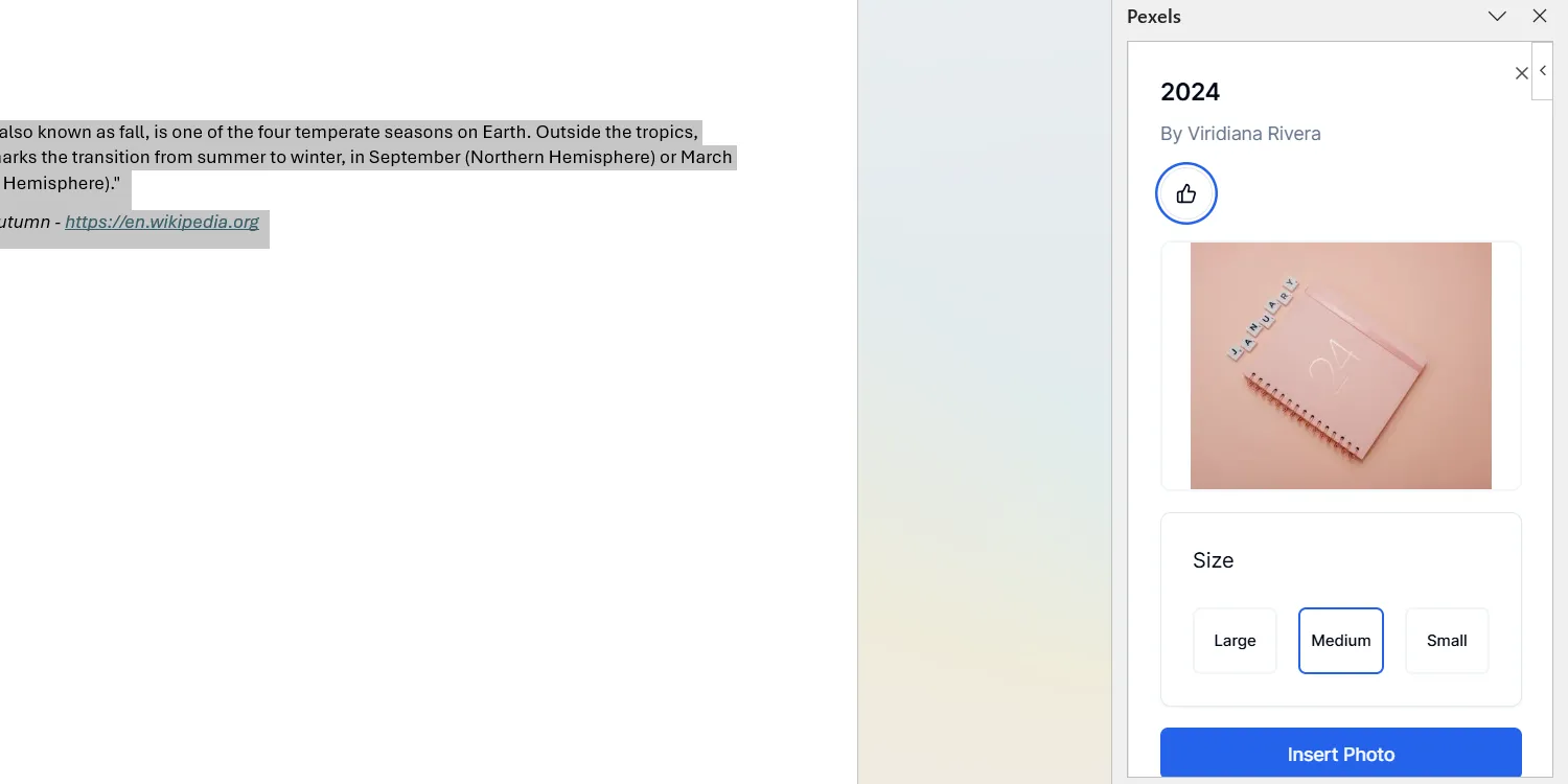 Add-in Pexels trong Microsoft Word hiển thị thư viện ảnh miễn phí để chèn vào tài liệu