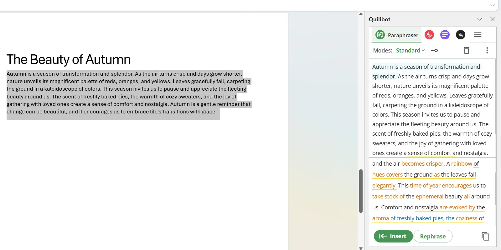Add-in QuillBot trên Microsoft Word hiển thị các tùy chọn diễn giải và tóm tắt văn bản