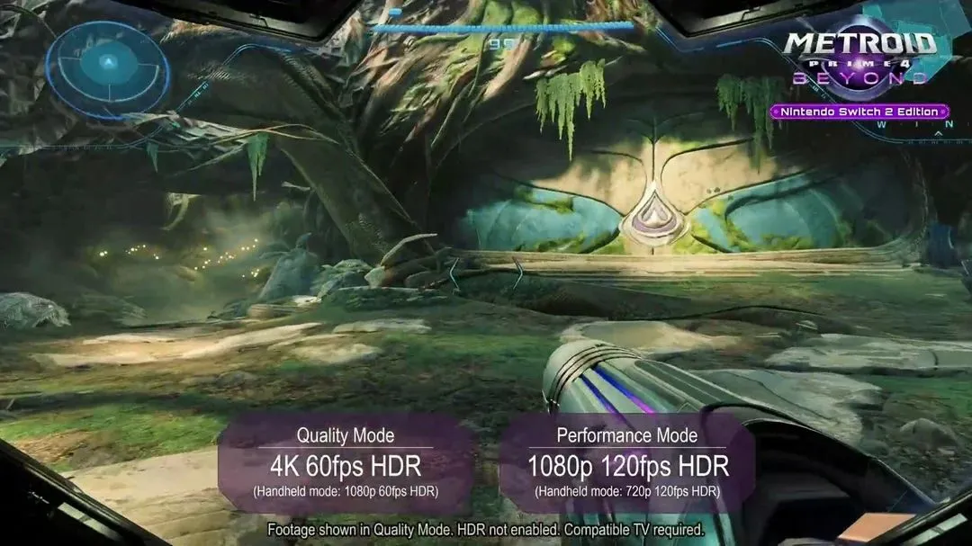 Ảnh minh họa Metroid Prime 4 với hai chế độ hiệu suất, đại diện cho khả năng tối ưu hóa trên Switch 2 Edition.