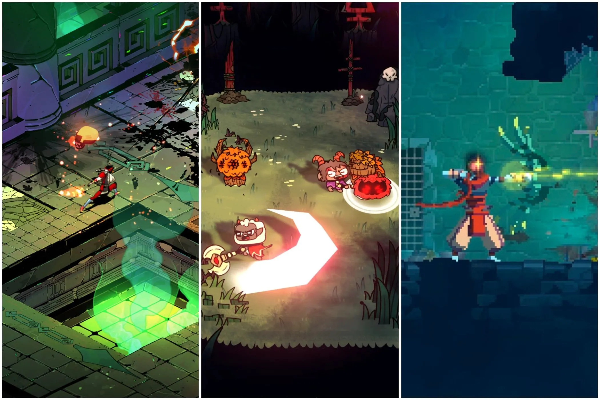 Ảnh tổng hợp gameplay các game roguelike nổi bật như Hades, Cult of the Lamb và Dead Cells