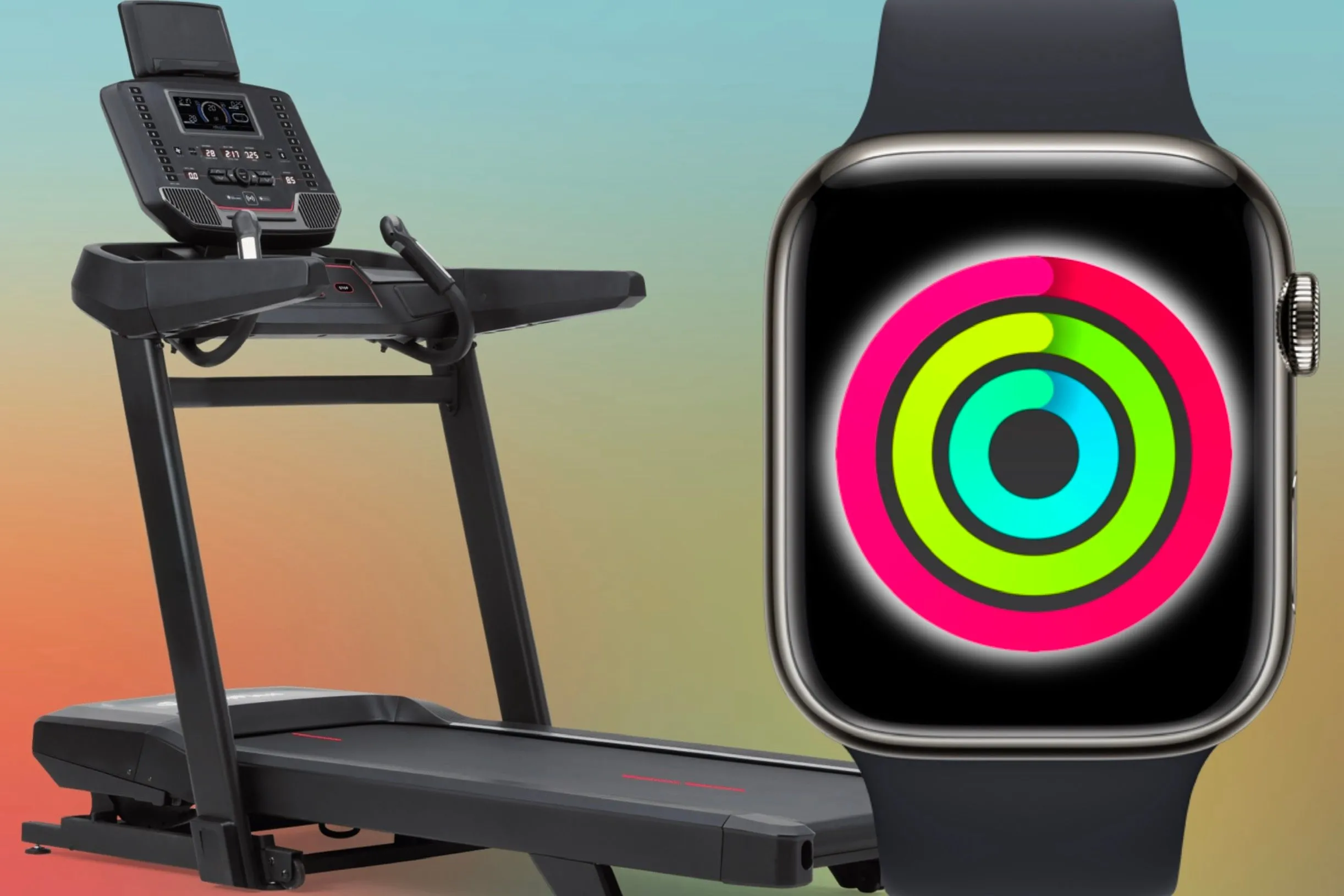 Apple Watch hiển thị vòng Hoạt động đã hoàn thành bên cạnh máy chạy bộ tại phòng gym