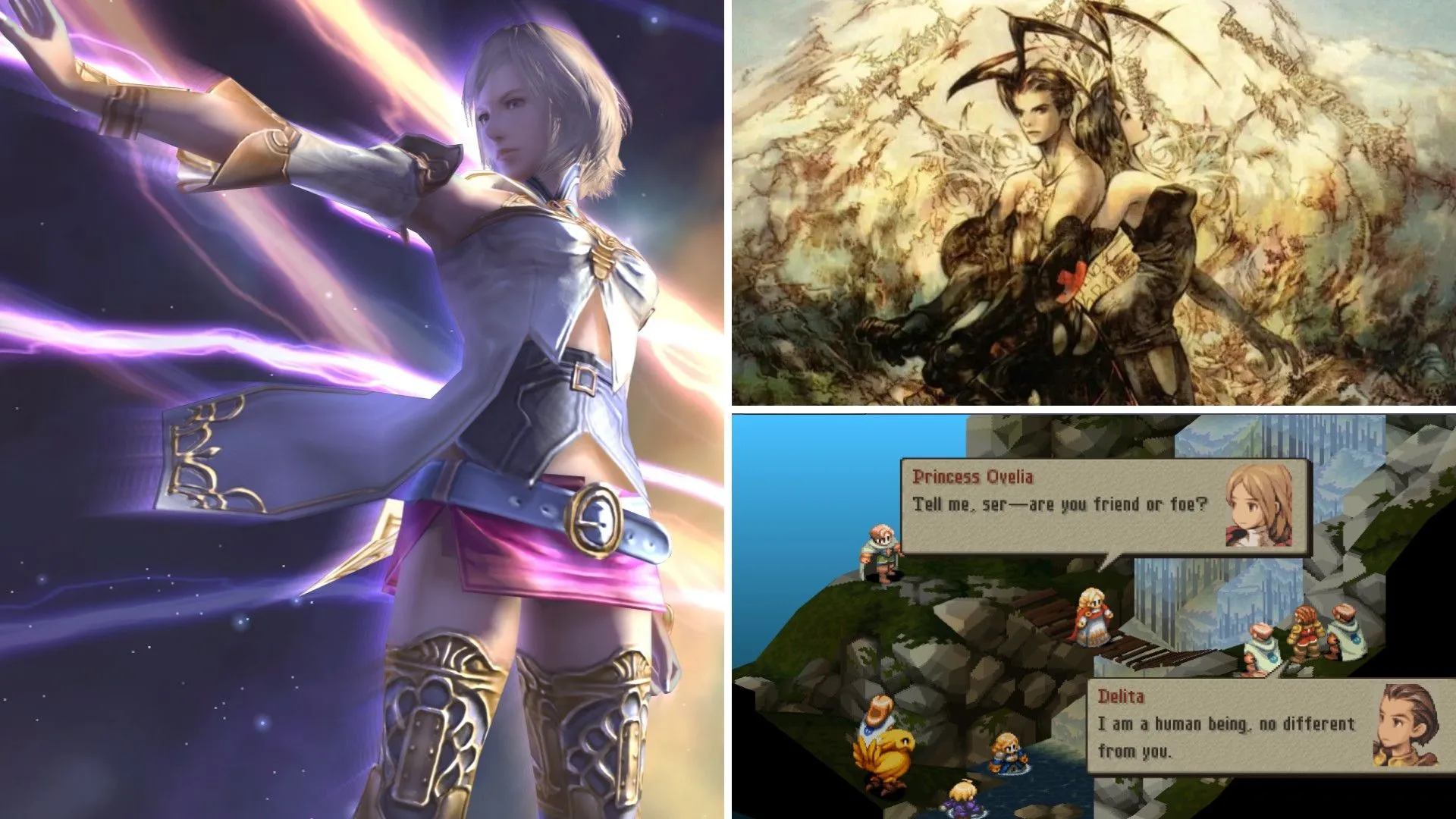 Ashe từ Final Fantasy XII sử dụng phép sét, bên cạnh là công chúa và Delita trò chuyện trong Final Fantasy Tactics, phía dưới là các nhân vật chính của Vagrant Story, tạo nên bức tranh Ivalice Alliance.