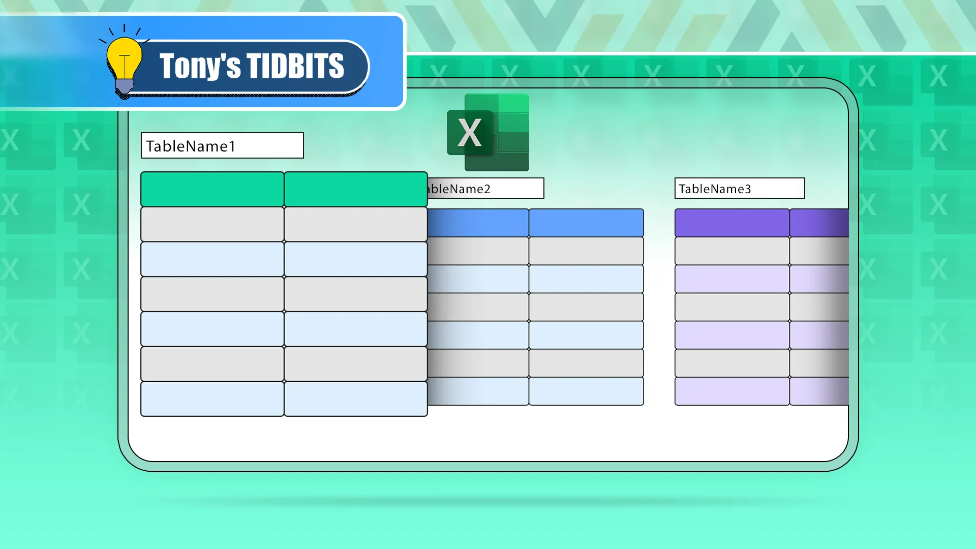 Ba bảng Excel với tên của chúng ở phía trên và logo Excel ở trên cùng.