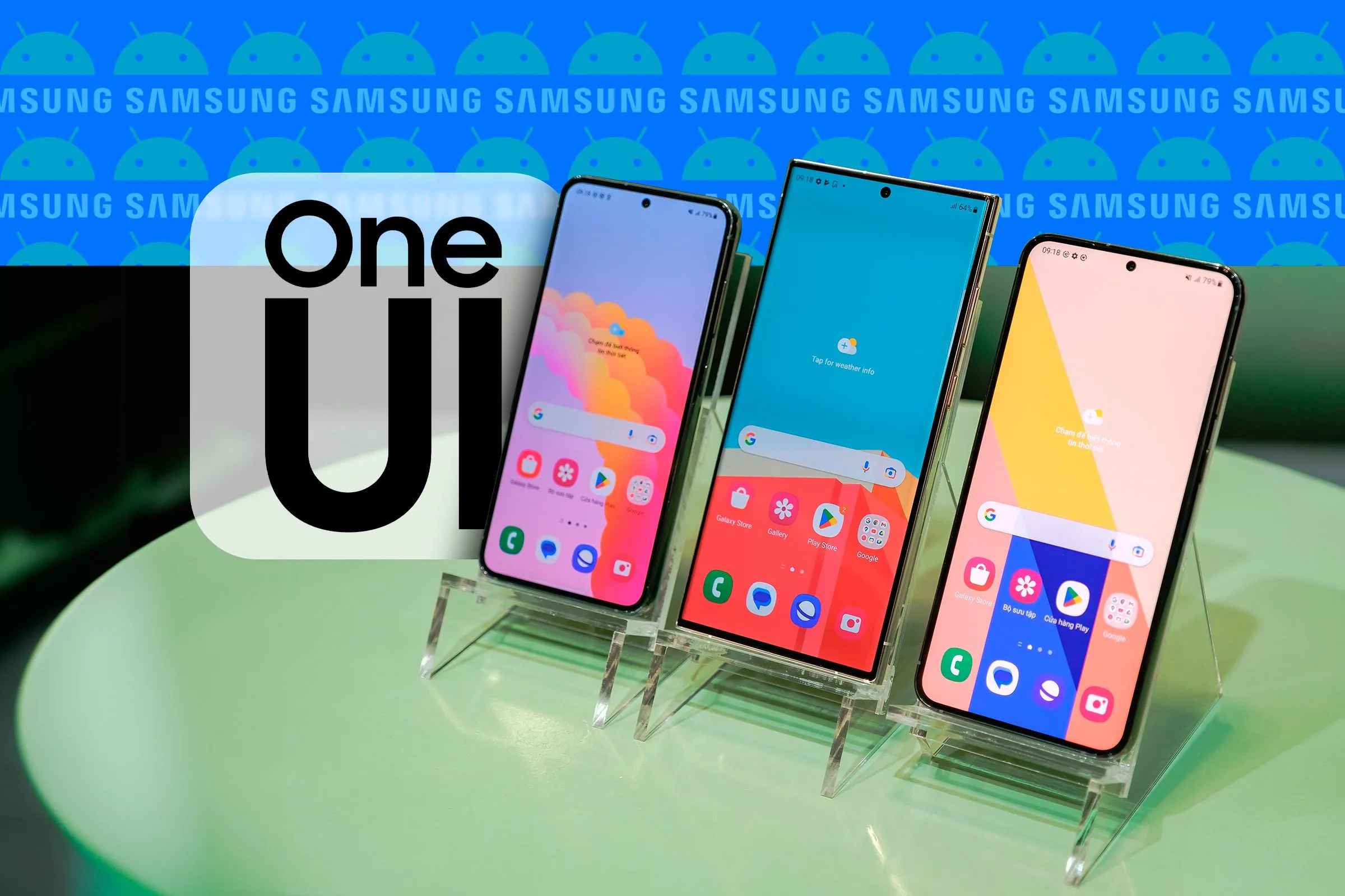 Ba điện thoại Samsung Galaxy hiển thị giao diện One UI, logo One UI và Android ở phía sau