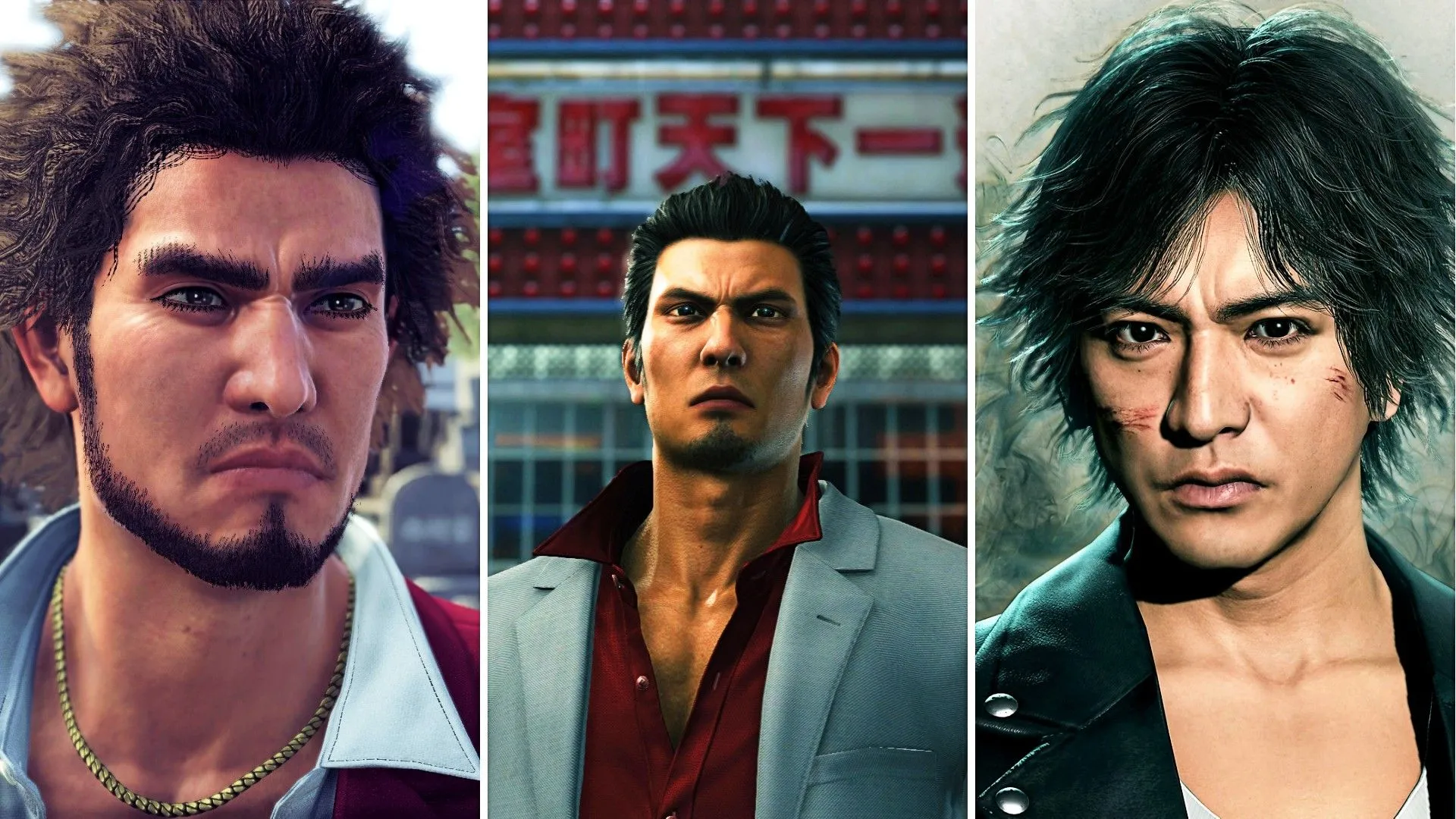 Ba nhân vật chính của vũ trụ Yakuza: Ichiban Kasuga từ Like A Dragon (trái), Kazuma Kiryu từ Yakuza (giữa) và Takayuki Yagami từ Judgement (phải), thể hiện sự kết nối của các series.