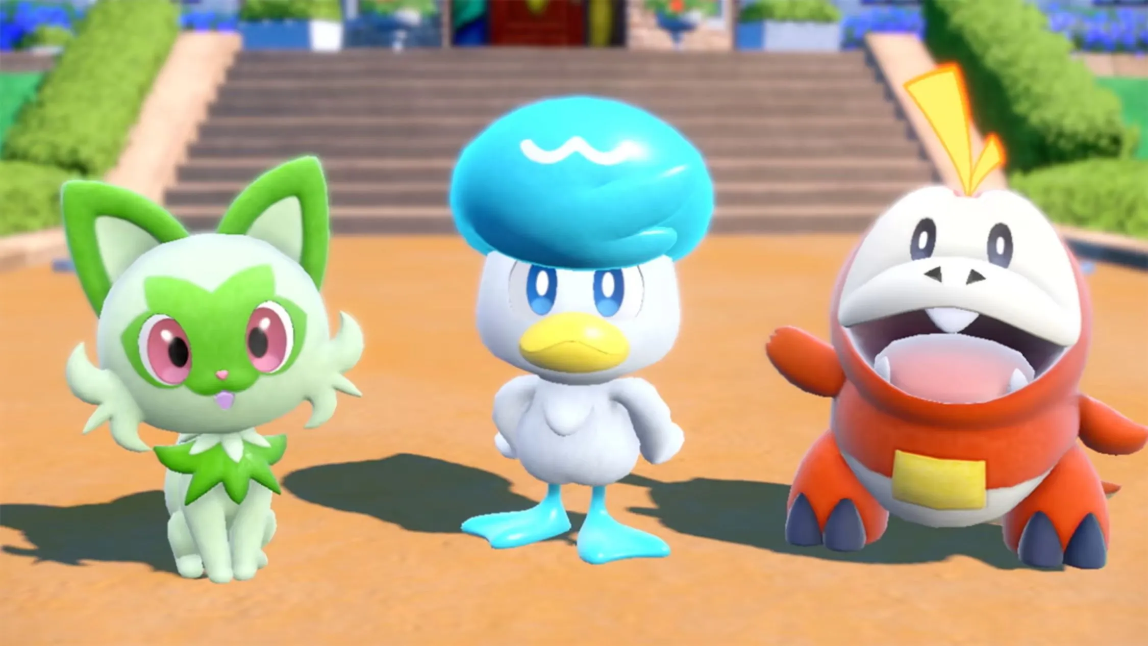 Ba Pokémon khởi đầu Fuecoco, Sprigatito và Quaxly từ Pokémon Scarlet và Violet, minh họa cho game sẽ được nâng cấp miễn phí trên Switch 2