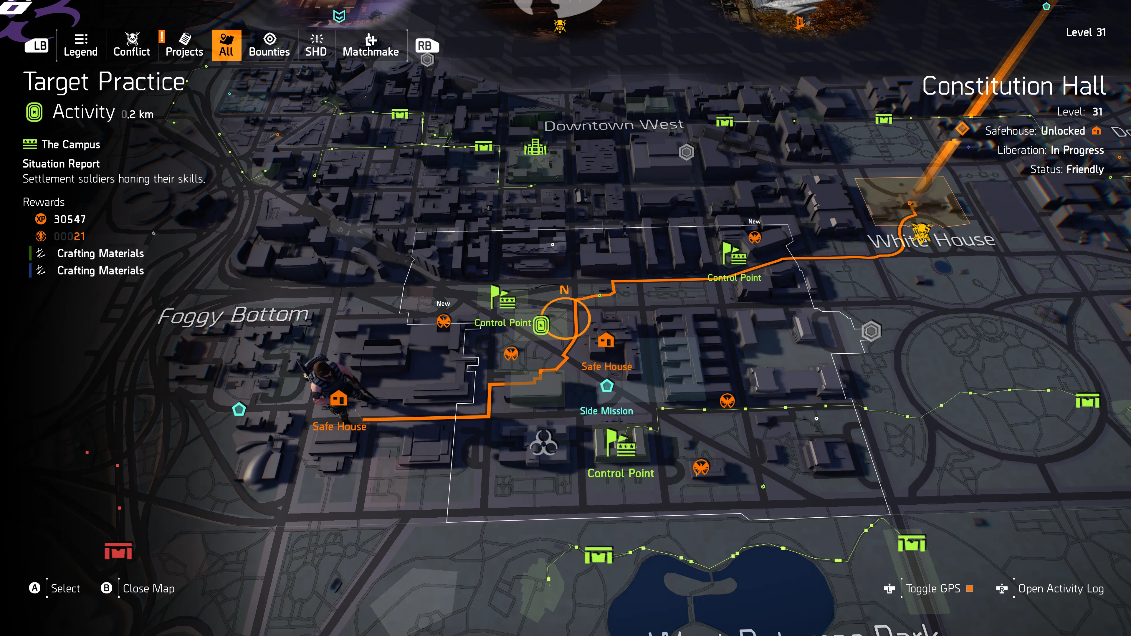 Bản đồ Washington D.C. trong The Division 2 với các khu vực và điểm kiểm soát