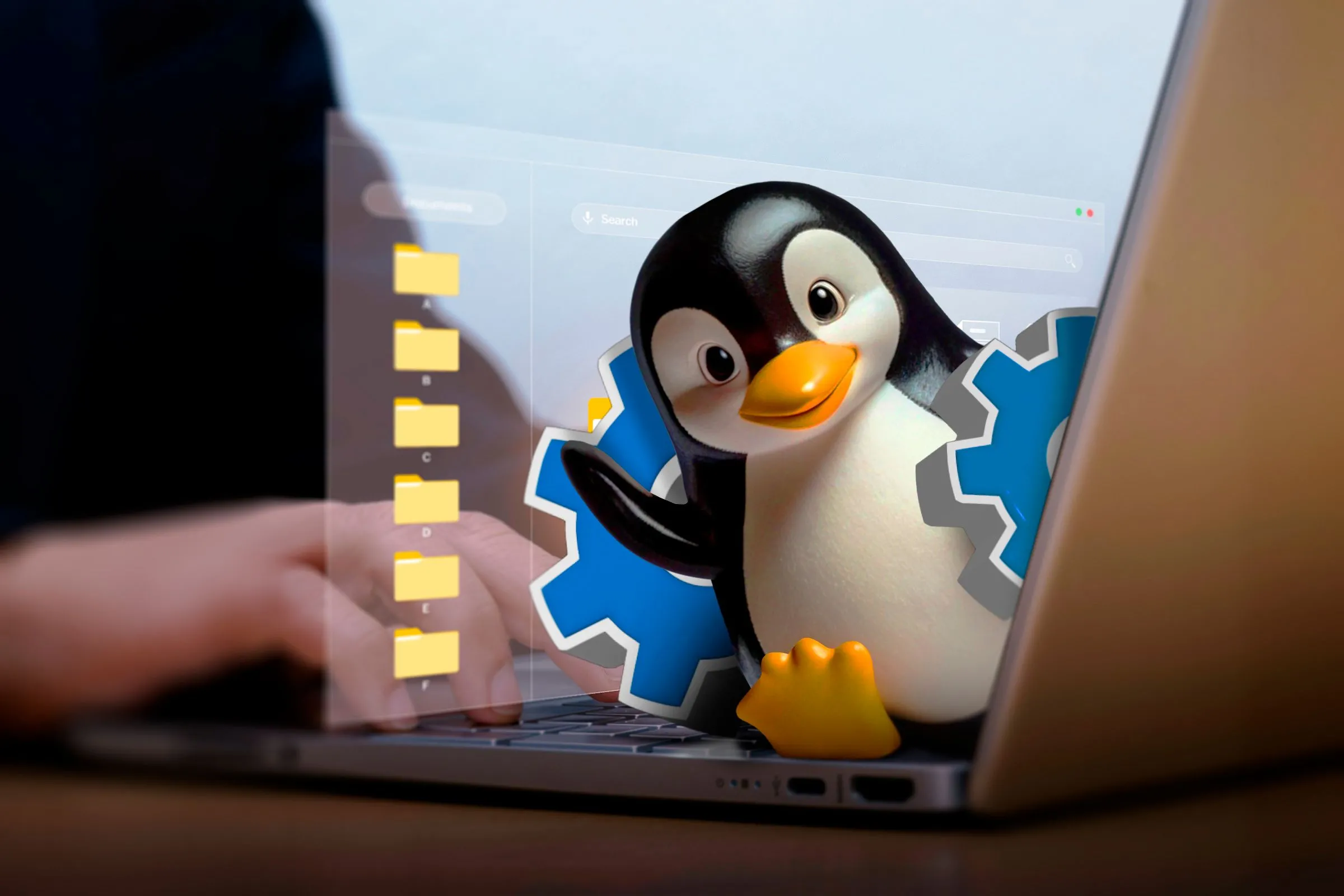 Bàn tay đang sử dụng laptop với linh vật Linux thoát ra từ màn hình, minh họa sự dễ dàng trong việc cài đặt và sử dụng Linux cho công việc hàng ngày.