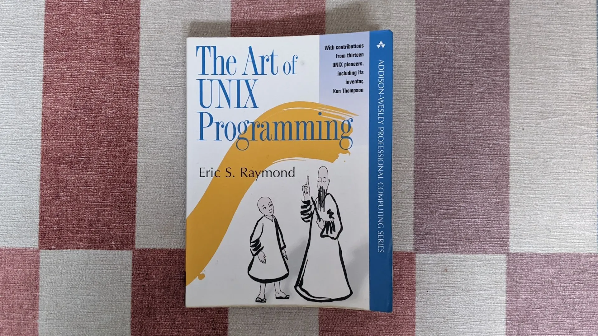 Bìa sách &quot;The Art of UNIX Programming&quot; mô tả người thầy già truyền đạt kiến thức cho học trò, thể hiện chiều sâu và tính chuyên môn cao trong việc học lập trình và quản lý hệ thống Linux.