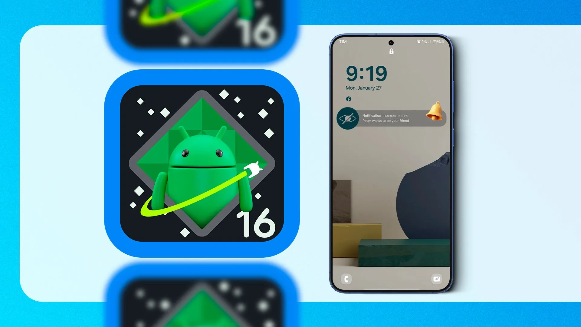 Biểu tượng Android 16 và một điện thoại thông minh, minh họa lợi ích cập nhật phần mềm lâu dài.