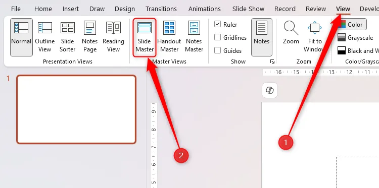 Biểu tượng Slide Master trong tab View trên ribbon của PowerPoint đã được chọn