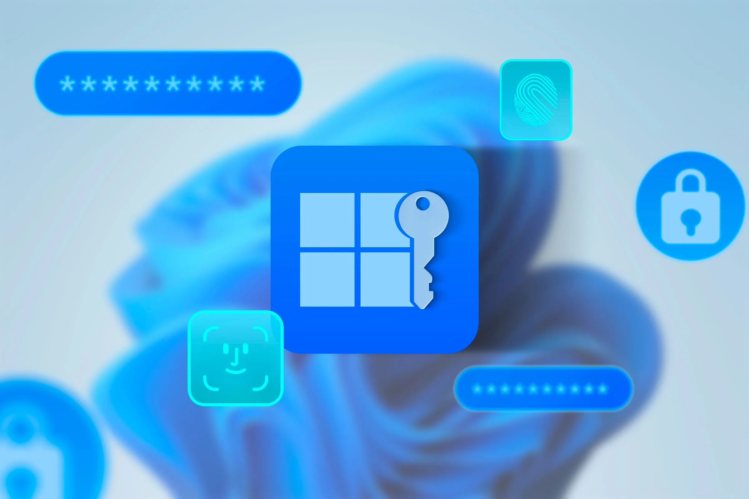 Biểu tượng Windows 11 cùng chìa khóa và các icon bảo mật, nhận diện khuôn mặt, minh họa cho tính năng Passkey.