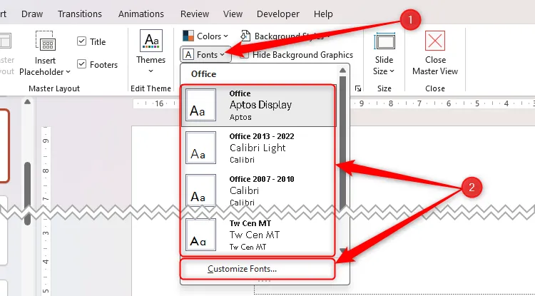 Bộ chọn font Slide Master trong Microsoft PowerPoint, với các kiểu mặc định và Tùy chỉnh Phông chữ là hai tùy chọn để lựa chọn