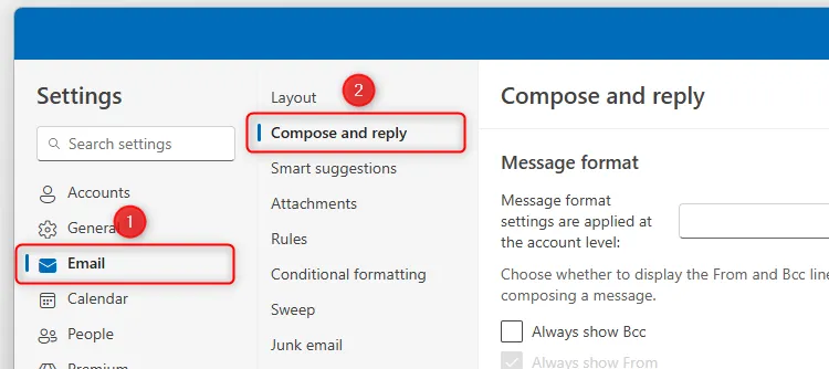 Các menu Email và Compose And Reply trong cửa sổ cài đặt của New Outlook