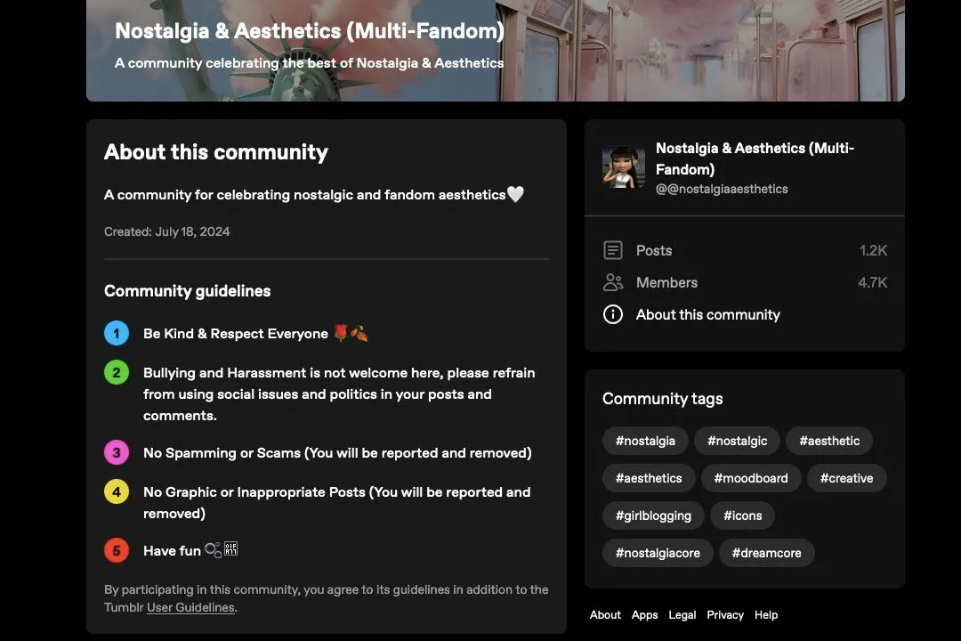 Các quy tắc cộng đồng của nhóm Nostalgia and Aesthetics trên Tumblr, minh họa tầm quan trọng của việc kiểm duyệt và duy trì môi trường lành mạnh.