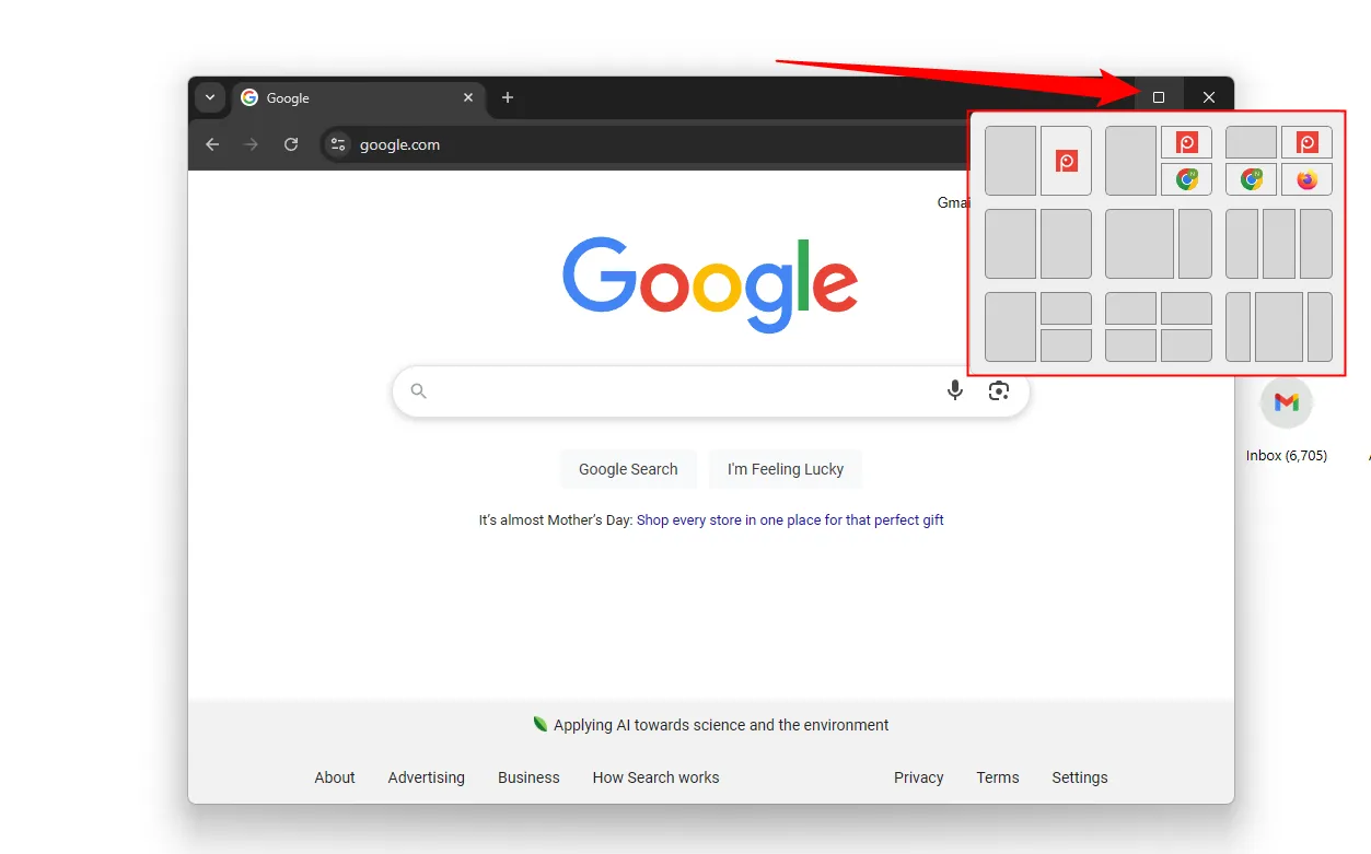 Các tùy chọn ghim cửa sổ hiển thị khi di chuột qua nút phóng to trên thanh tiêu đề của Windows.