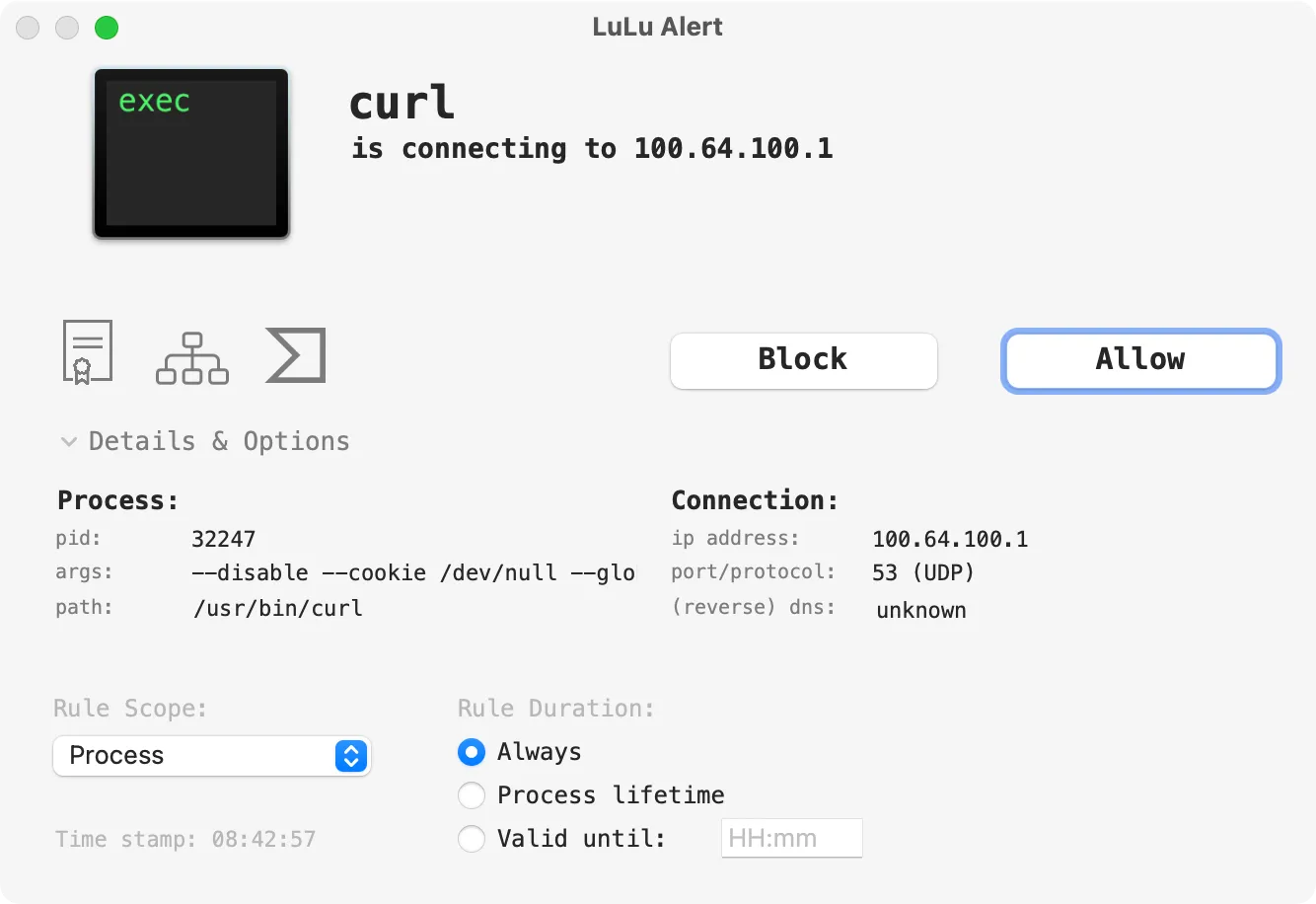 Cảnh báo tường lửa LuLu hiển thị khi ứng dụng cố gắng tạo kết nối internet đi trên macOS