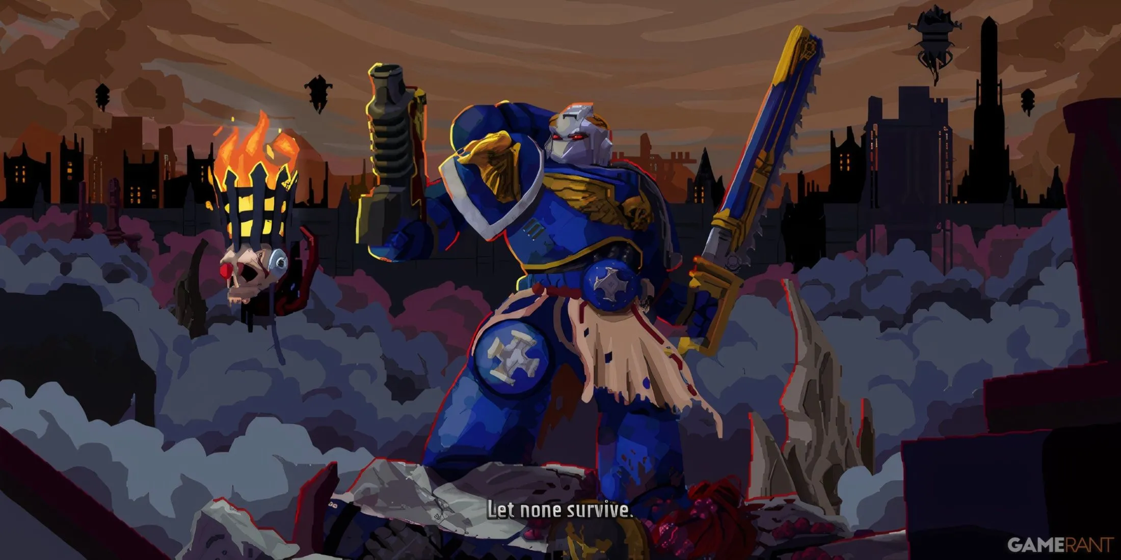 Cảnh gameplay Warhammer 40000 Boltgun Words of Vengeance với nhân vật chính đang đối đầu quái vật