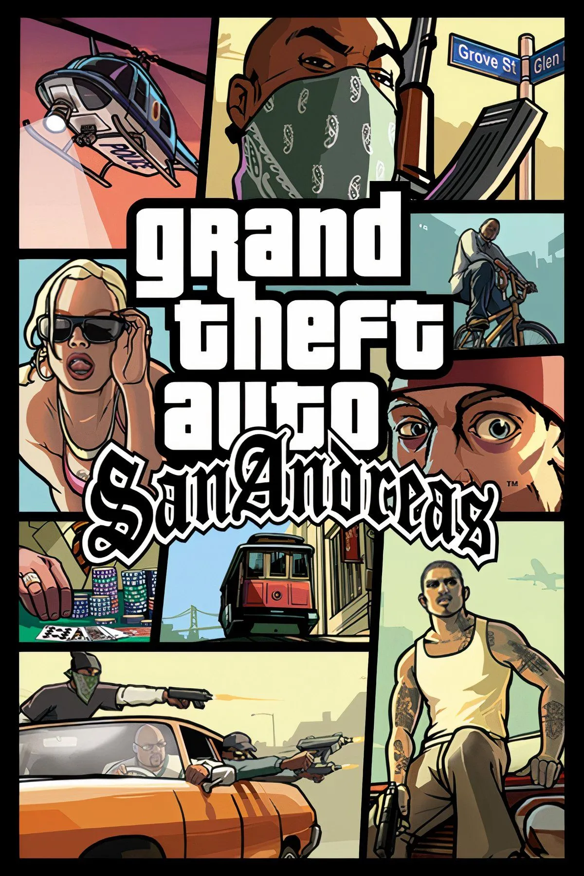 Cảnh trong Grand Theft Auto: San Andreas với nhân vật chính CJ đứng trước xe hơi cổ điển