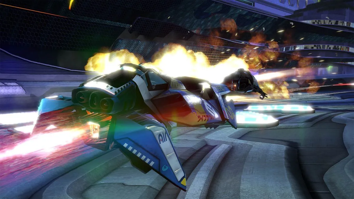 Cảnh xe đua lướt trên đường cong trong game Wipeout Omega Collection.