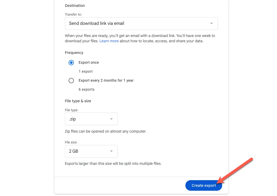 Cấu hình các tùy chọn xuất dữ liệu từ Google Takeout