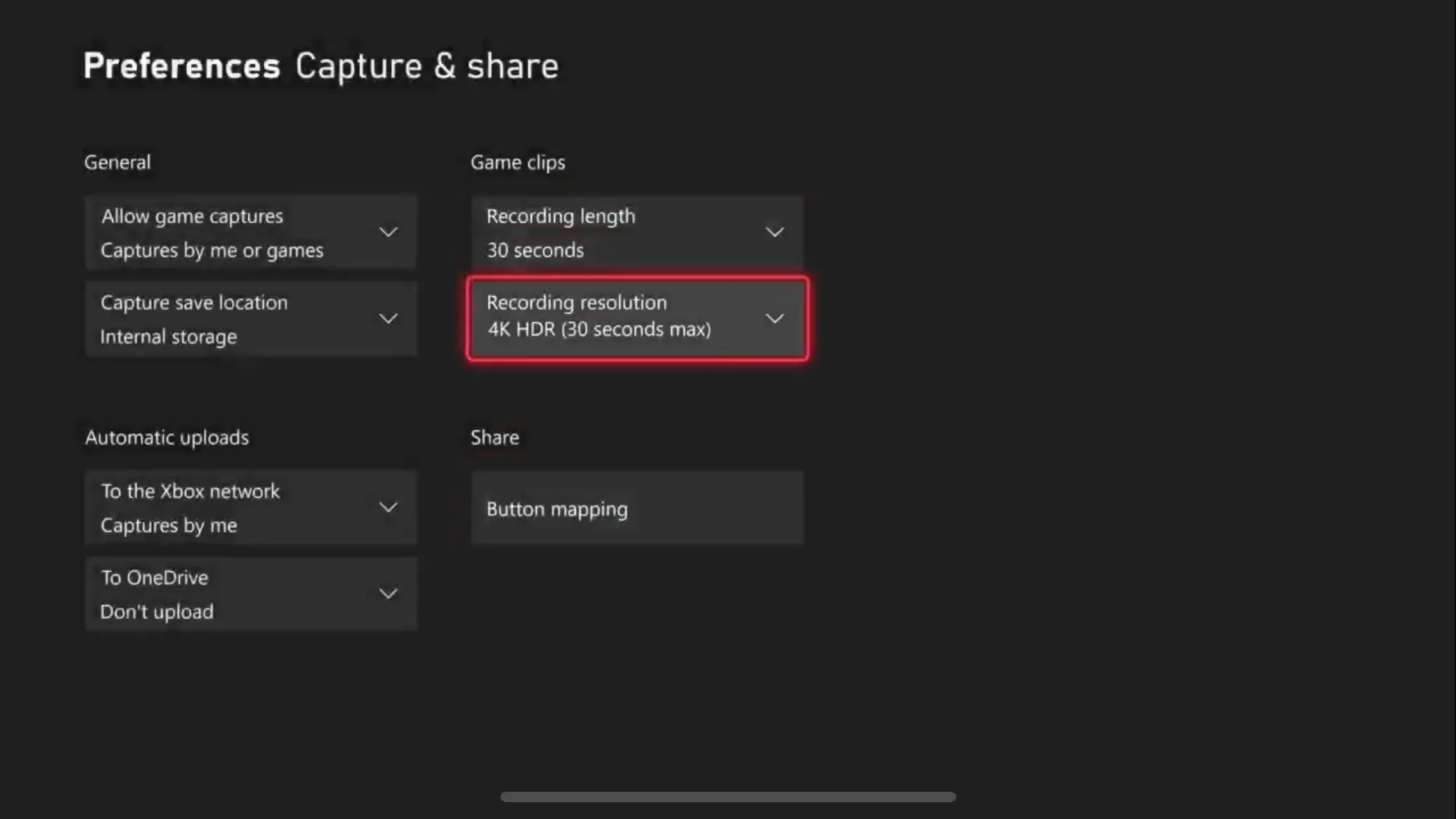 Cấu hình độ phân giải và thời lượng quay clip game trên Xbox để tối ưu chất lượng và dung lượng.
