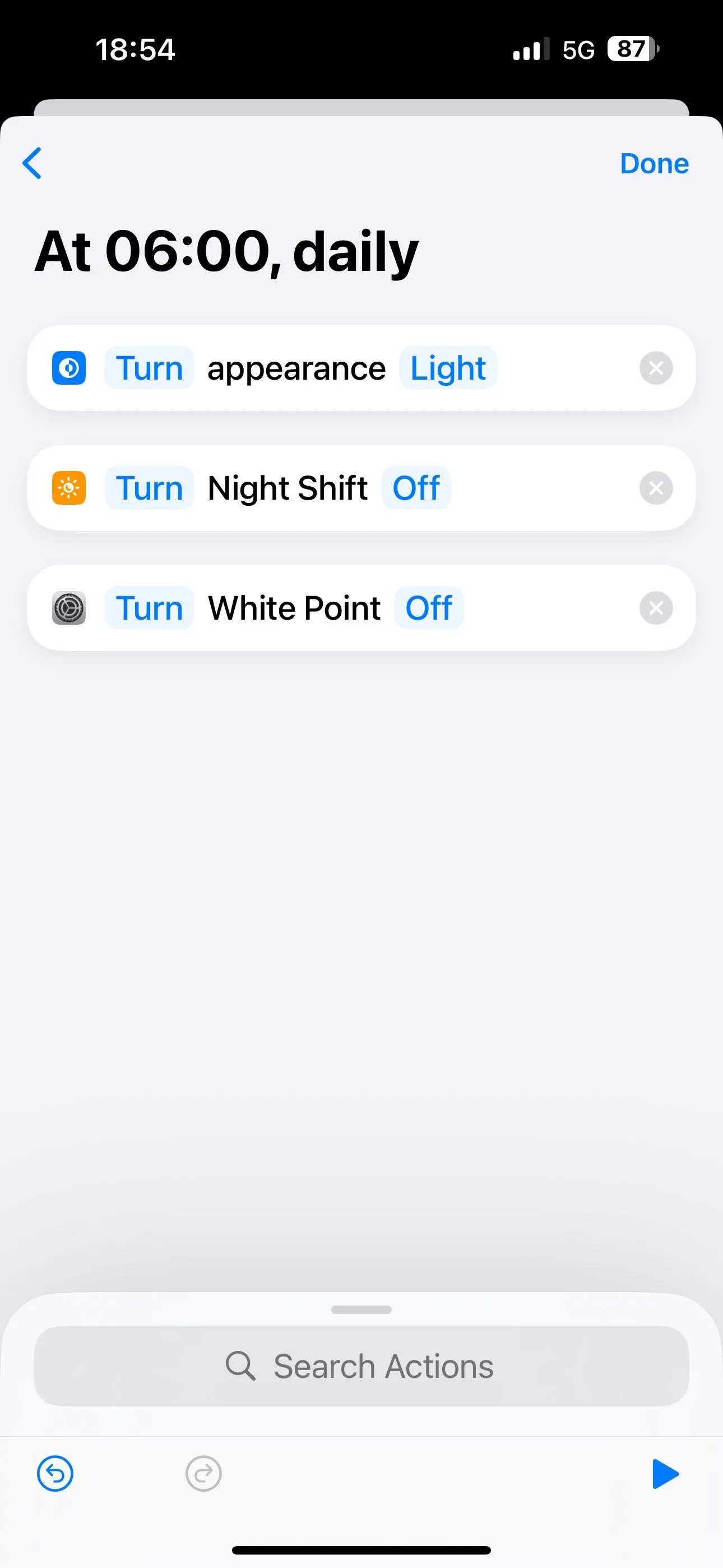 Cấu hình hành động tự động hóa để &quot;Tắt Giao diện&quot;, &quot;Tắt Night Shift&quot; và &quot;Tắt Điểm trắng&quot; vào buổi sáng.