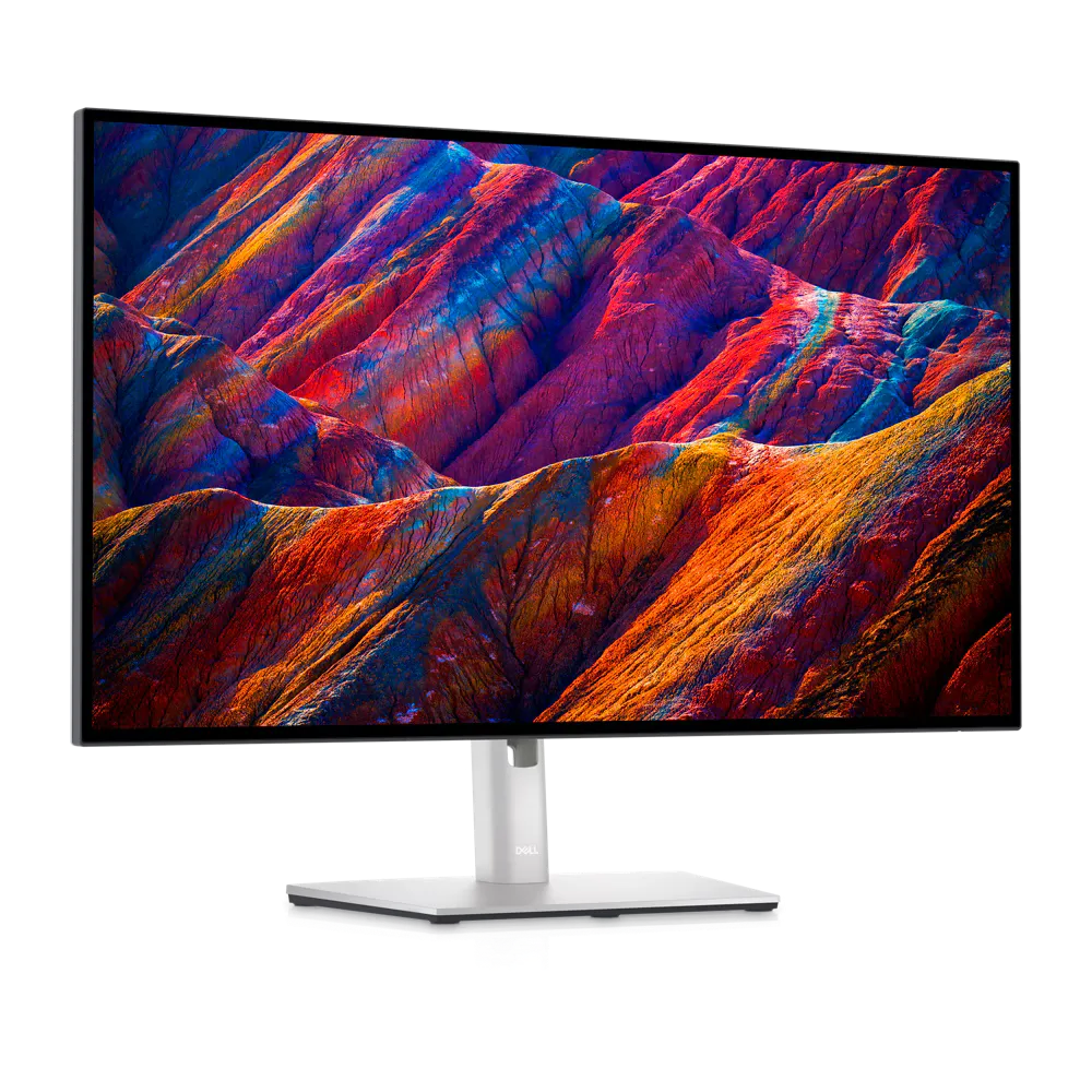 Chi tiết màn hình Dell UltraSharp U2723QE, nổi bật với thiết kế tối giản và chân đế linh hoạt.