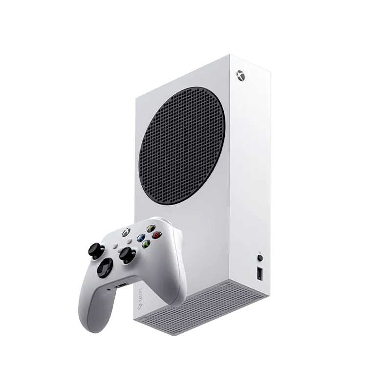 Chi tiết máy chơi game Xbox Series S màu trắng cùng tay cầm, minh họa cho console chỉ dùng game kỹ thuật số