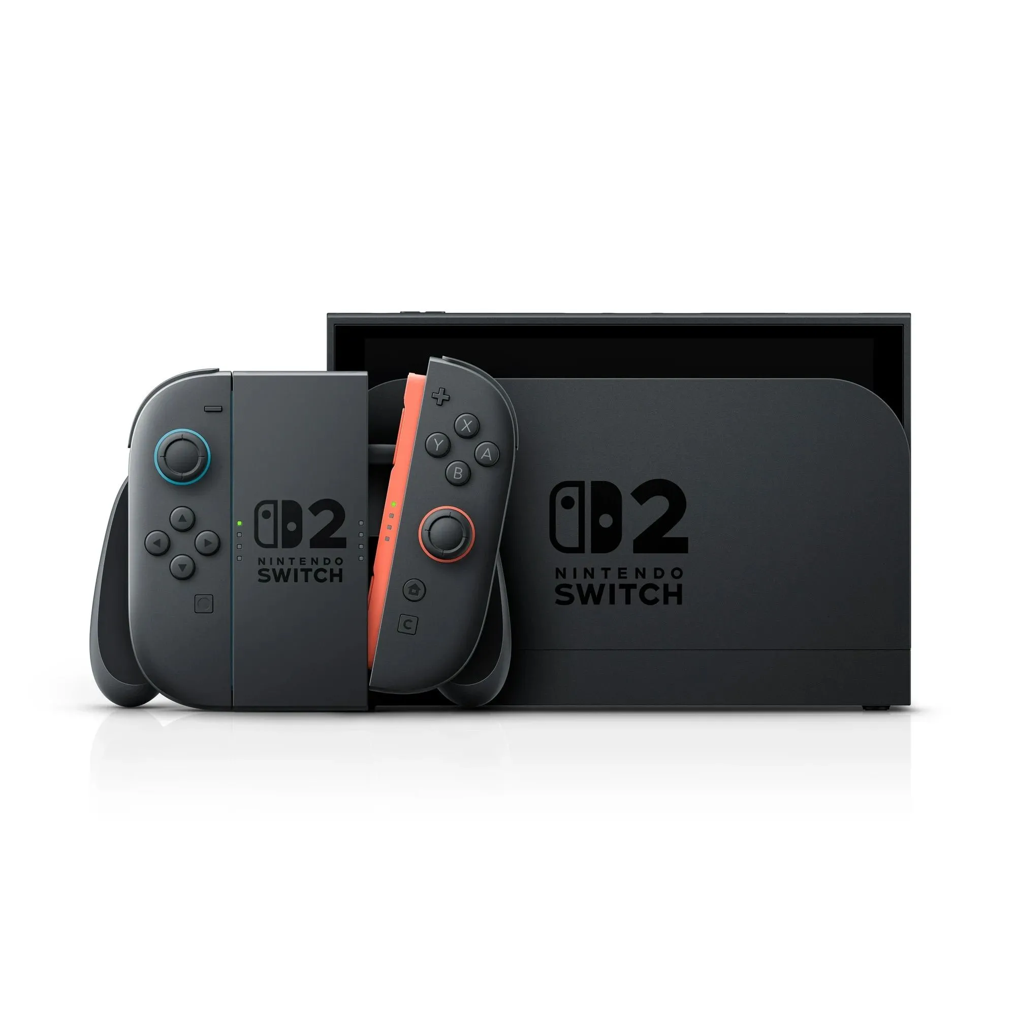 Console Nintendo Switch 2 màu đen, với màn hình lớn và bộ điều khiển Joy-Con, thể hiện thiết kế của hệ máy mới