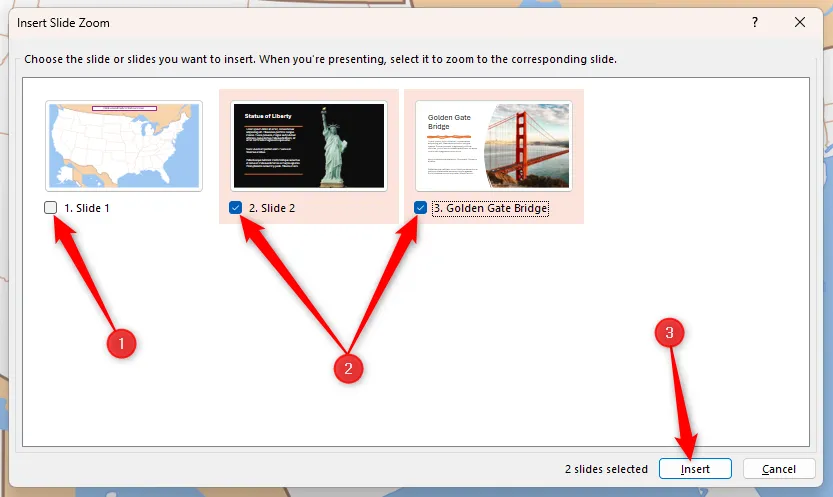 Cửa sổ công cụ Insert Slide Zoom trong PowerPoint, hiển thị lựa chọn các slide để tạo hình thu nhỏ tương tác trên slide tổng quan.