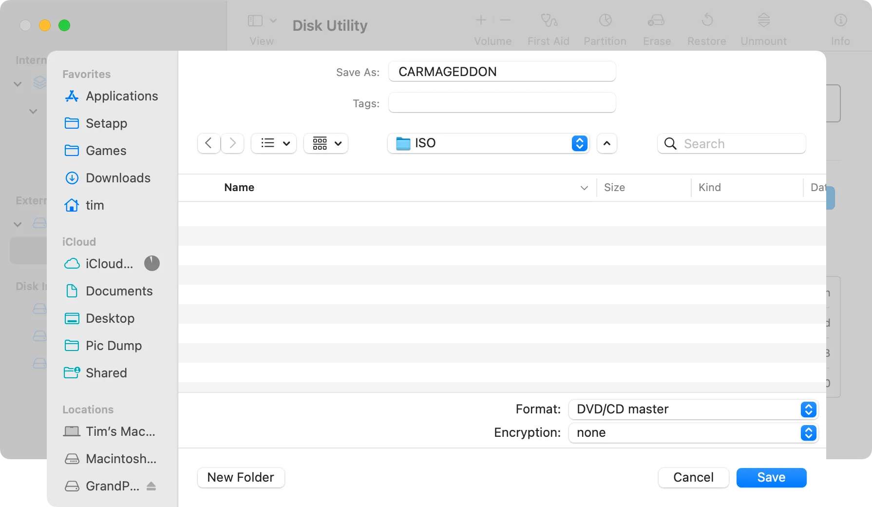 Cửa sổ lưu tệp trong Disk Utility, nơi chọn định dạng &quot;CD/DVD master&quot; và vị trí lưu tệp CDR.