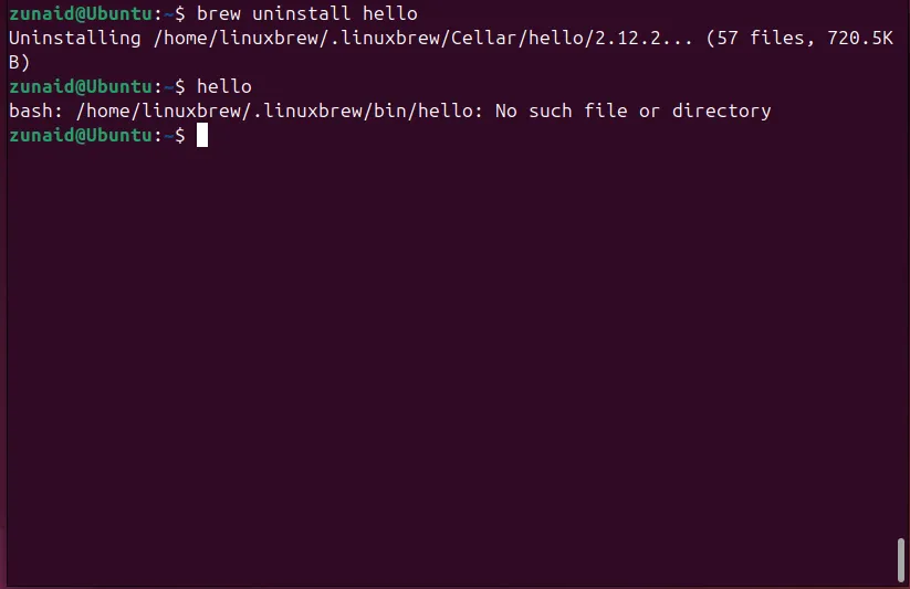 Cửa sổ terminal Linux hiển thị lệnh brew uninstall 'hello' và quá trình gỡ bỏ gói, thể hiện sự đơn giản khi quản lý phần mềm với Homebrew.