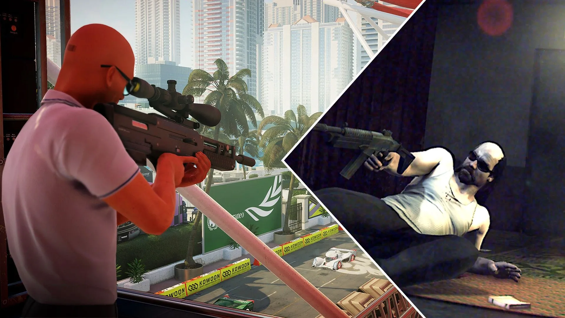Đặc vụ 47 từ Hitman đang ngắm bắn tỉa qua cửa sổ, bên cạnh là Kane từ Kane &amp; Lynch đang nhắm mục tiêu, minh họa mối liên hệ giữa hai series game của IO Interactive.