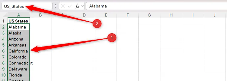 Danh sách các bang của Mỹ trong Excel, với các ô chứa danh sách này được đổi tên thành US_States trong hộp tên.