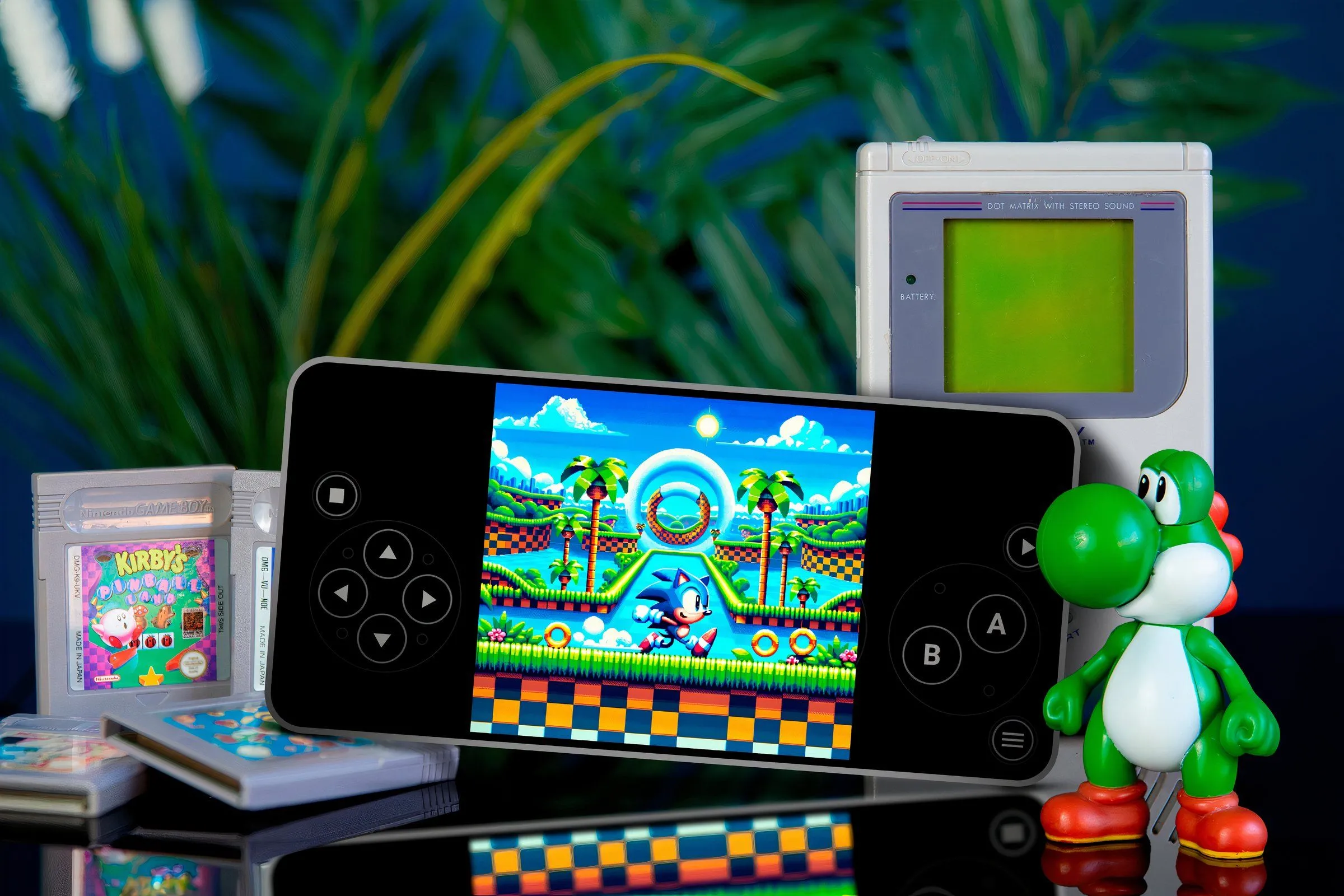 Điện thoại đang chạy game Sonic giả lập cùng các băng game cũ và tượng Yoshi