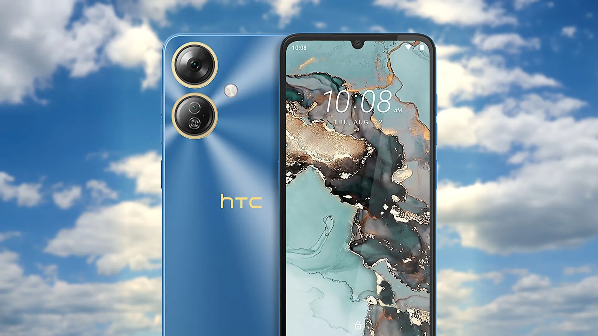 Điện thoại HTC Wildfire E5 Plus màu xanh với camera sau và logo HTC