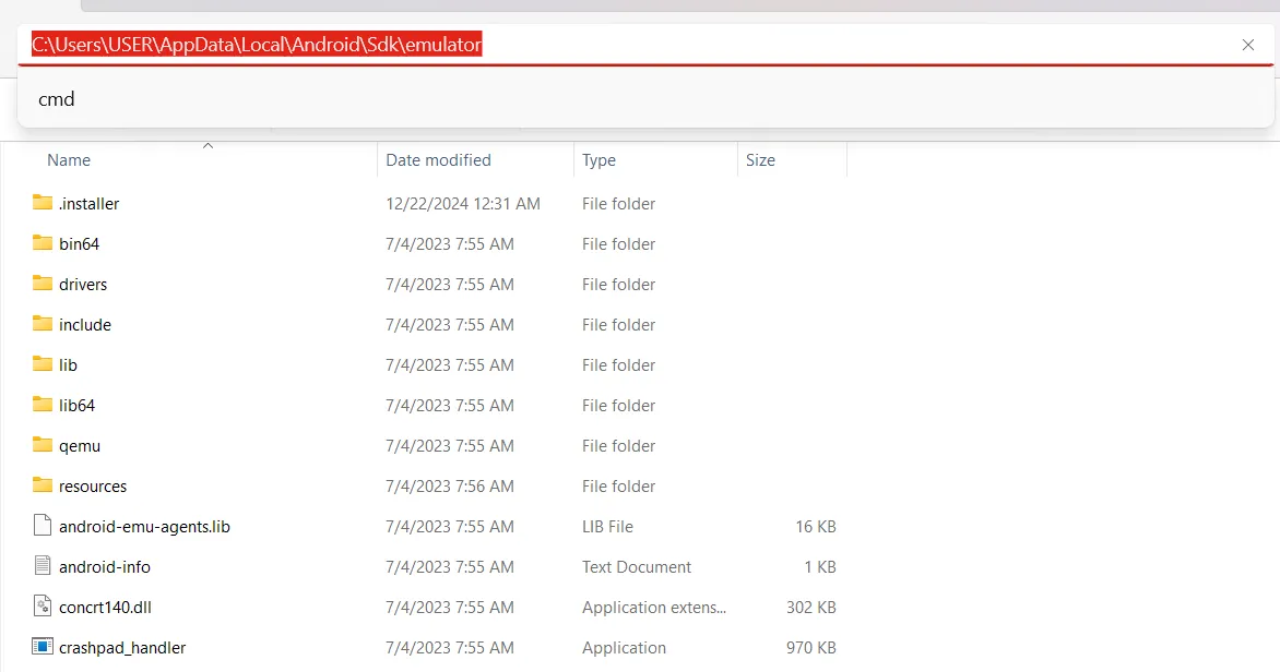 Điều hướng đến thư mục emulator của Android SDK bằng File Explorer