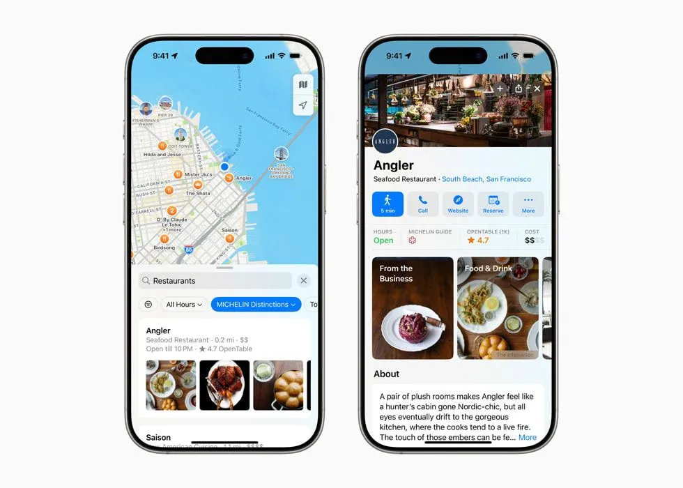 Giao diện Apple Maps hiển thị các nhà hàng được gắn biểu tượng sao Michelin và đánh dấu các địa điểm ẩm thực chất lượng cao