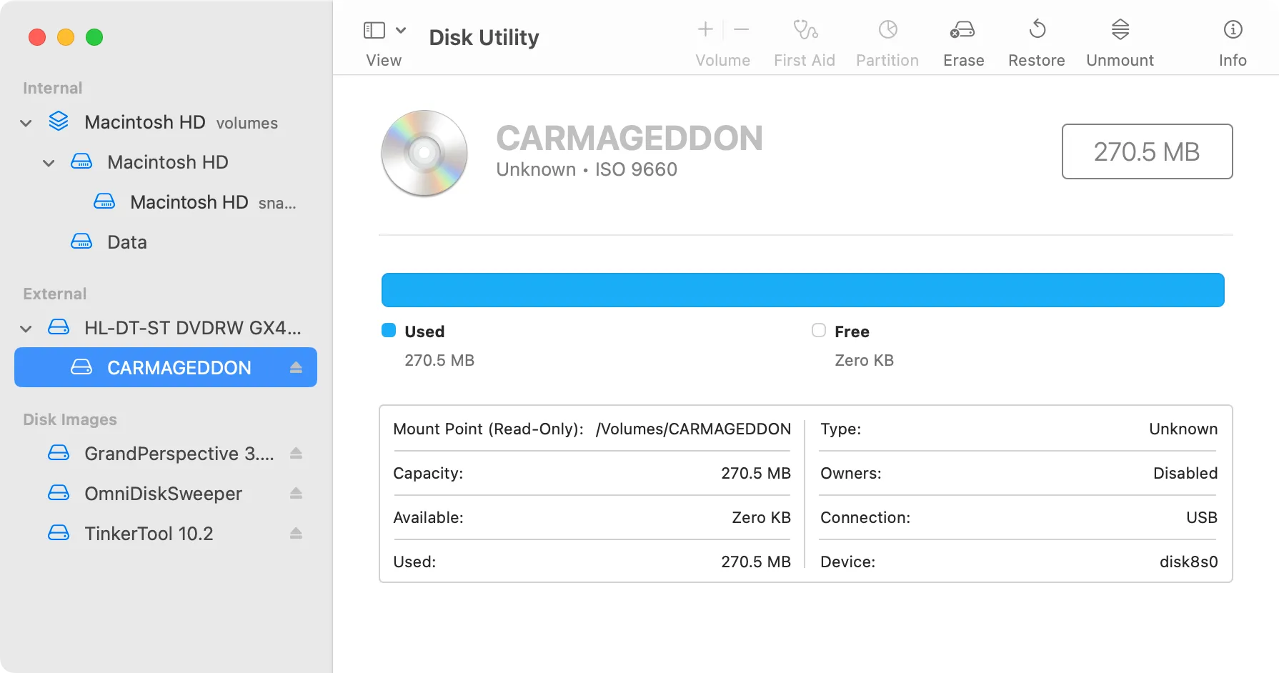 Giao diện Disk Utility trên macOS với một ổ đĩa CD/DVD đã được chọn để tạo ảnh.