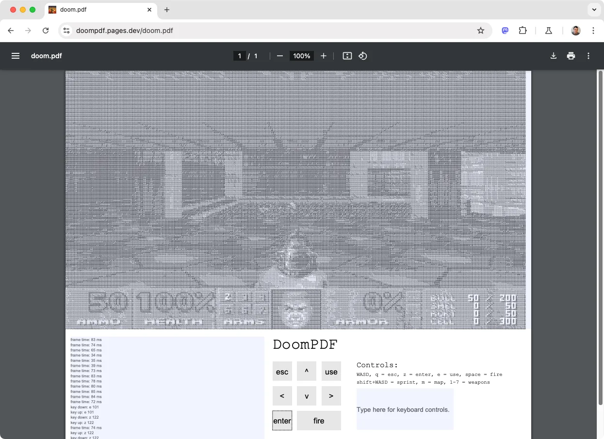 Giao diện game bắn súng DOOM hiển thị bên trong trình duyệt Google Chrome, được phát triển dưới dạng file DoomPDF với đồ họa ASCII.