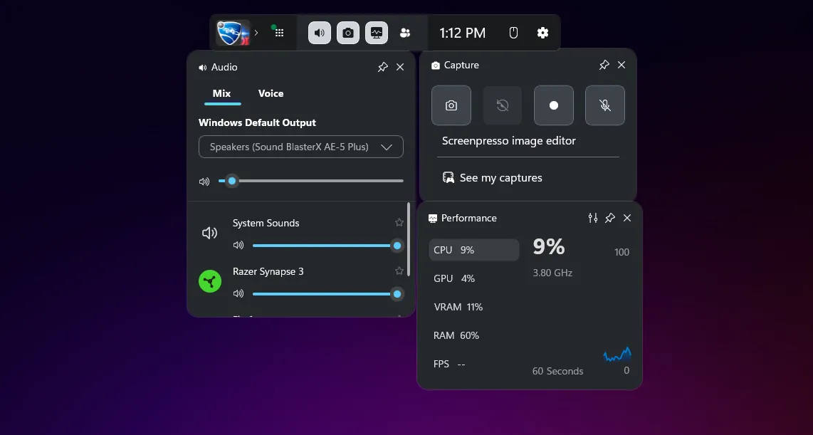 Giao diện Game Bar trên Windows 11 với các công cụ ghi hình, ghi âm và chụp màn hình.