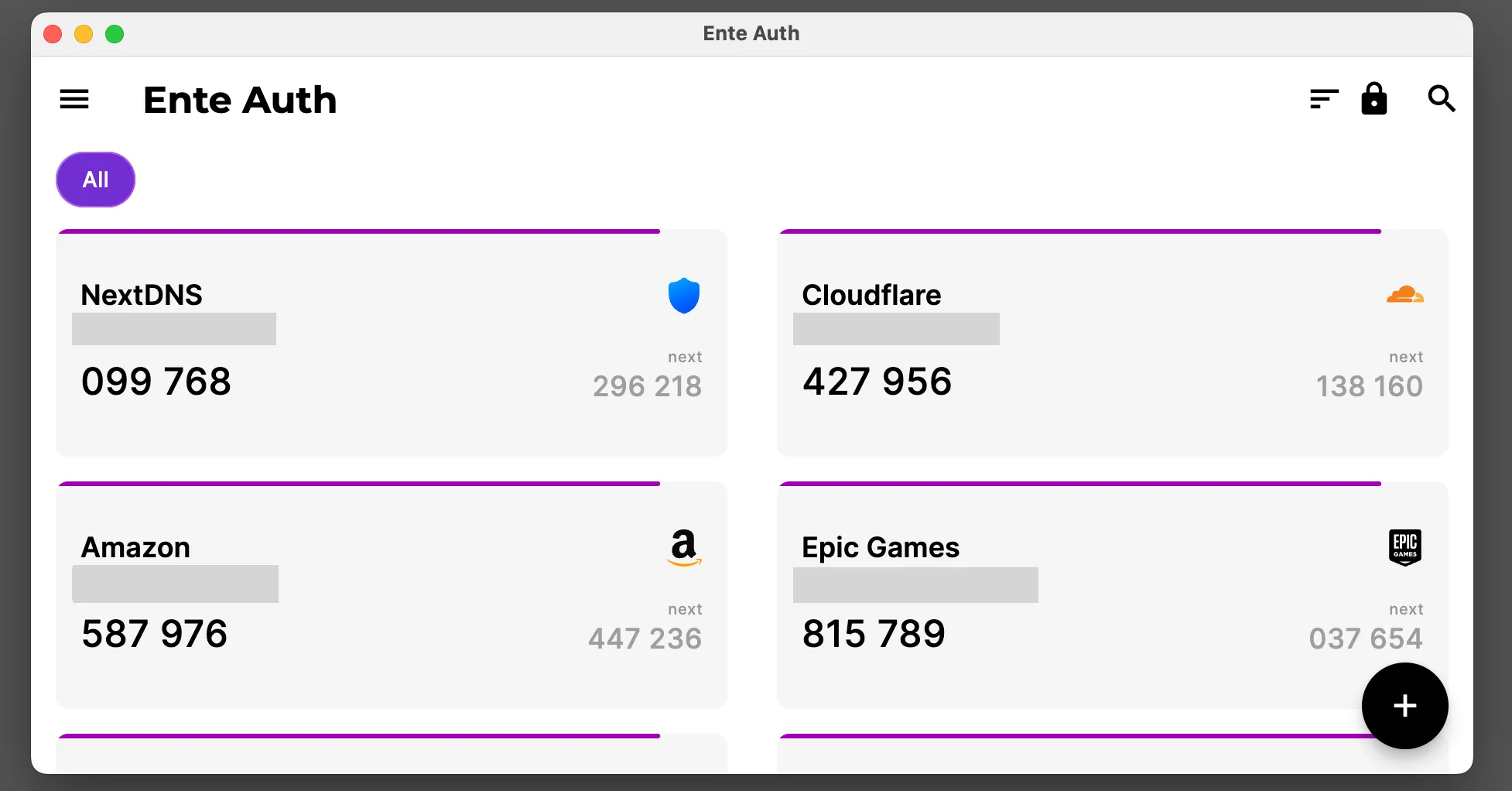 Giao diện gọn gàng của ứng dụng Ente Auth trên macOS, hiển thị danh sách các mã xác thực 2 yếu tố.