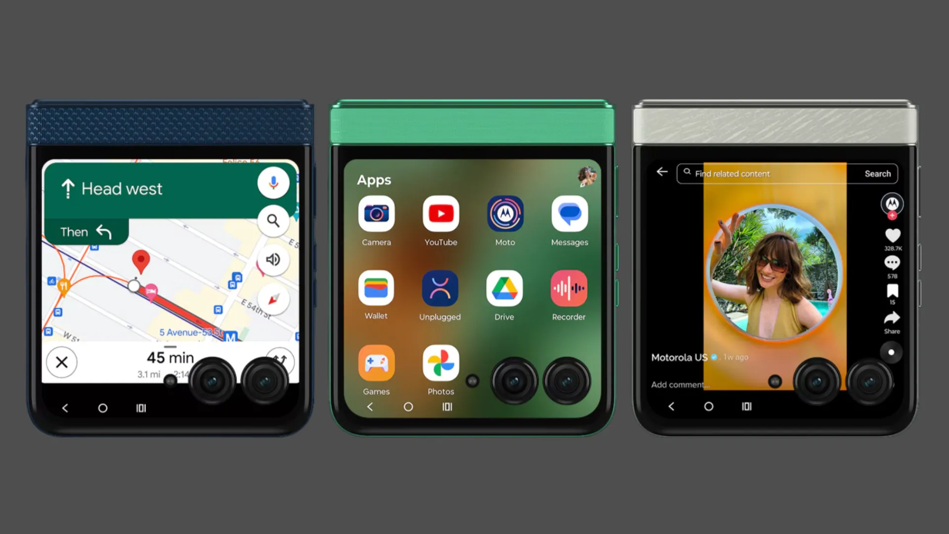 Giao diện Hello UI tối giản của Moto Razr 2025 hiển thị trên màn hình phụ