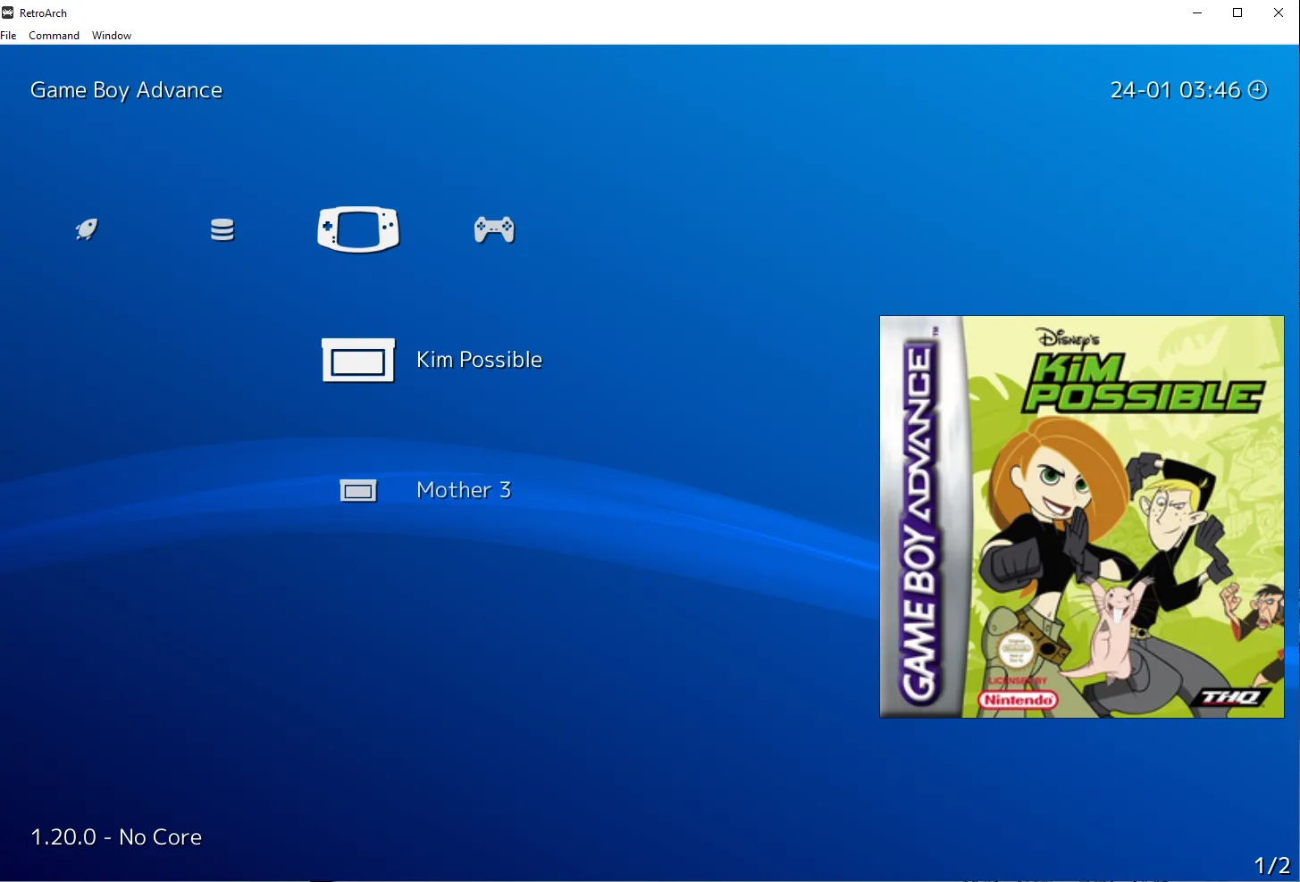 Giao diện hiển thị các tựa game đã thêm vào RetroArch, với trò Kim Possible được chọn