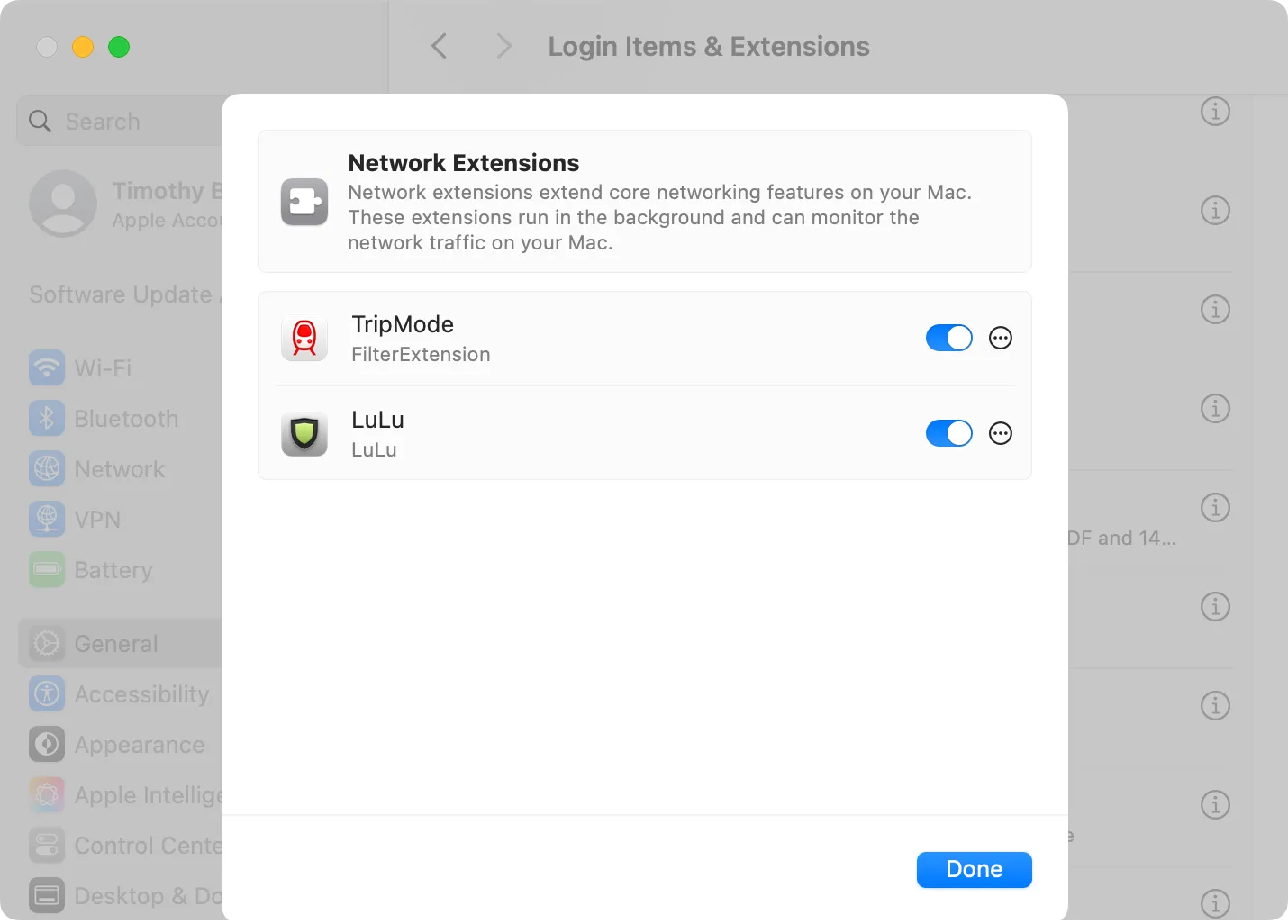 Giao diện menu Tiện ích mở rộng Mạng trong Cài đặt hệ thống macOS để kích hoạt LuLu