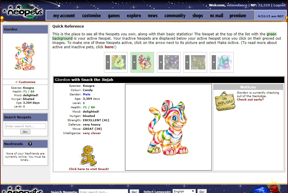 Giao diện Neopets với trang thái vật nuôi và các chỉ số