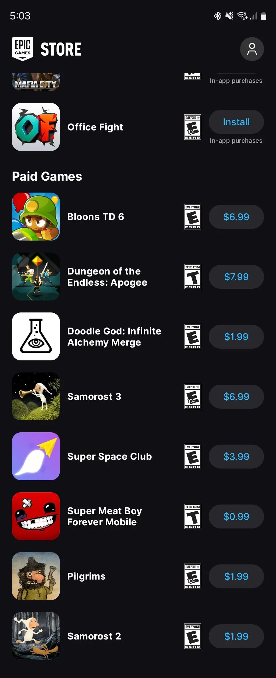 Giao diện người dùng Epic Games Store trên thiết bị Android, hiển thị các tựa game nổi bật.