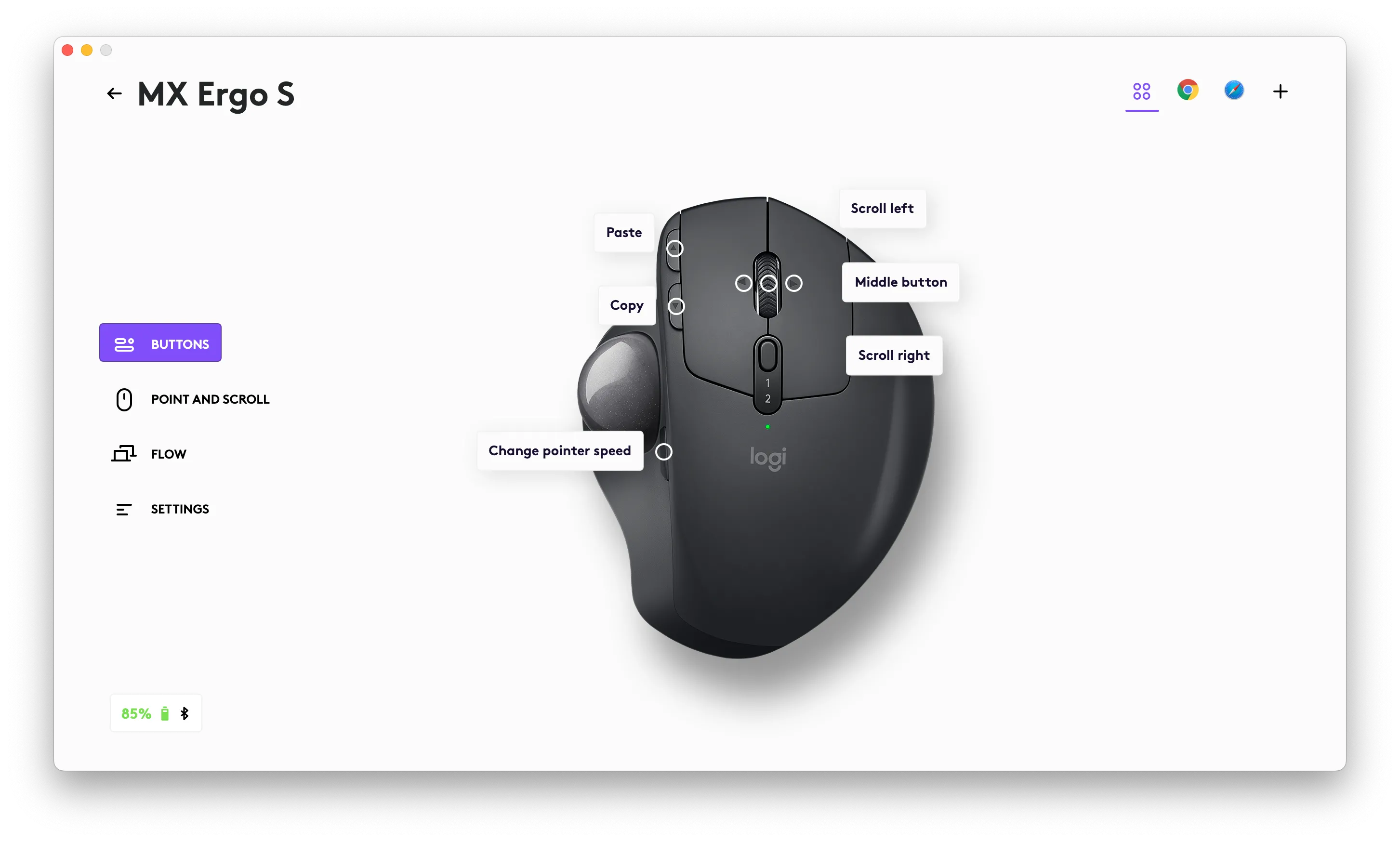 Giao diện phần mềm Logi Options hiển thị bố cục nút và mức pin của MX Ergo S